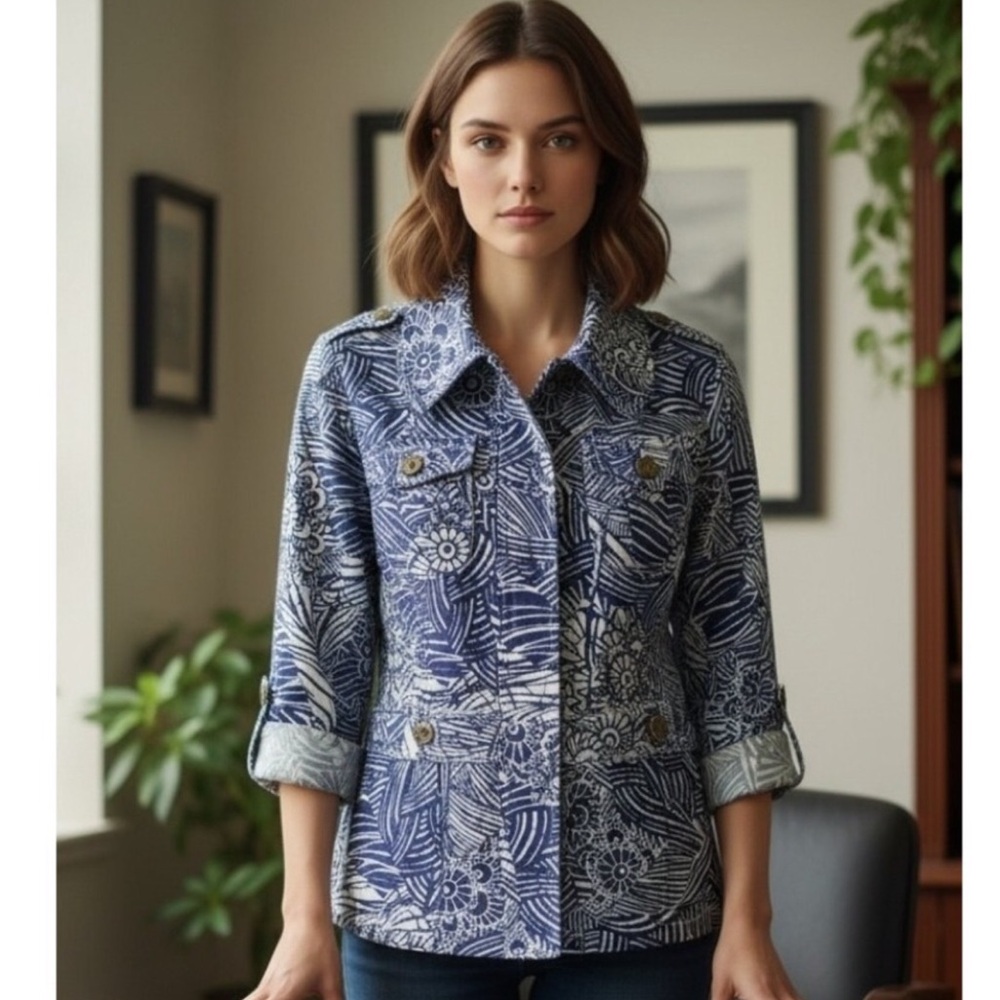 Coldwater Creek Blue Printed Floral Jean Jacket